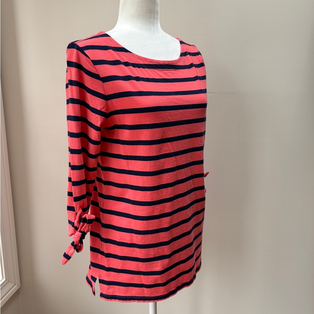 Old Navy Coral Orange and Navy Striped Tie-Cuff Long Sleeve Top - Picture 2 of 10